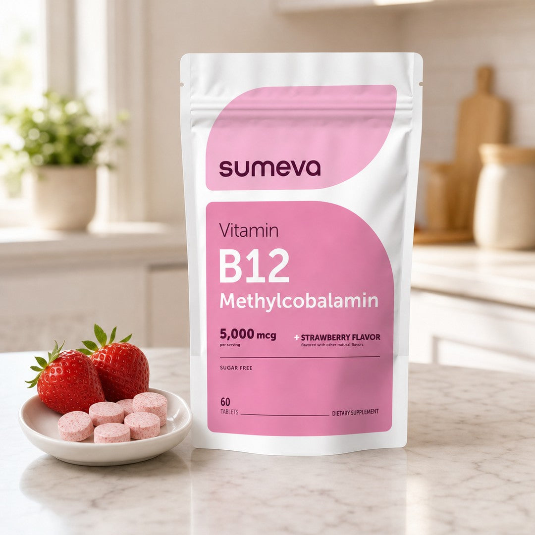 Sumeva B12 pouch on kitchen counter with strawberries